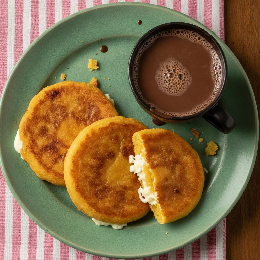 Arepas de dulce rellenas de queso costeño con chocolate caliente