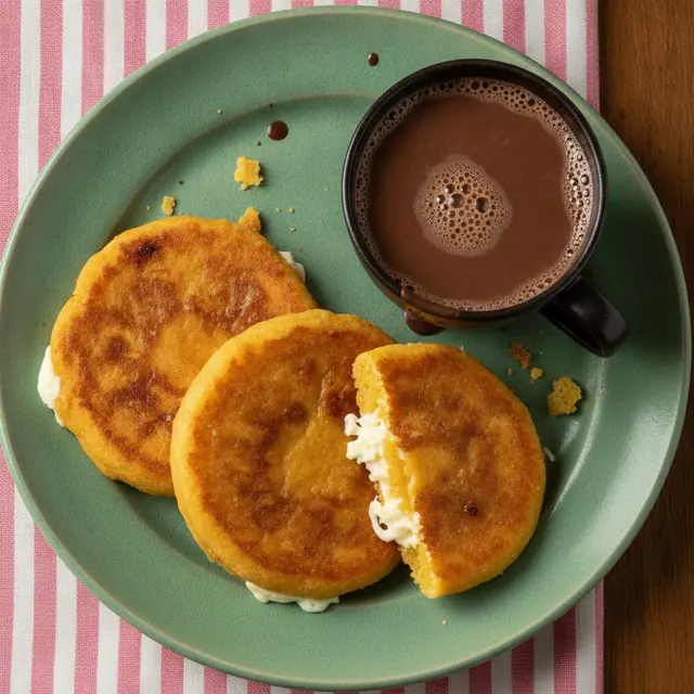 Arepas de dulce rellenas de queso costeño con chocolate caliente
