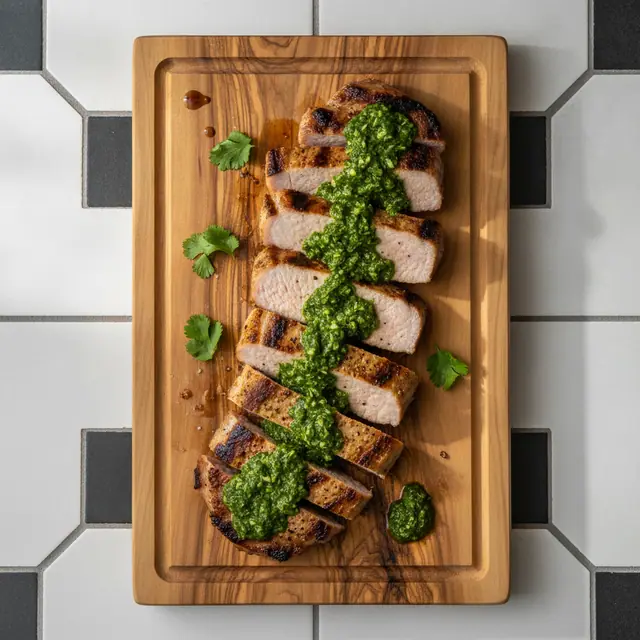 Cañón de cerdo a la parrilla con chimichurri costeño