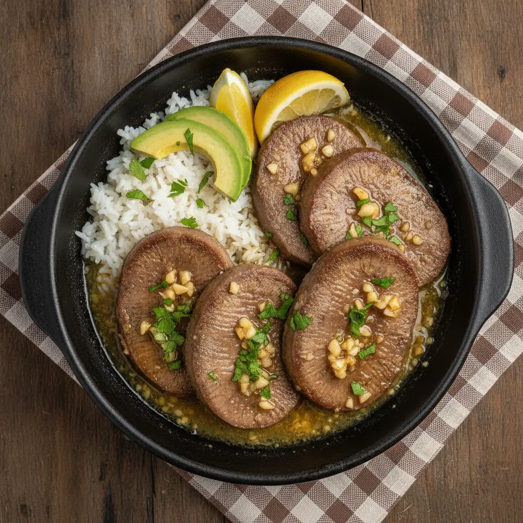 Lengua de res a la plancha con salsa de ajo y limón