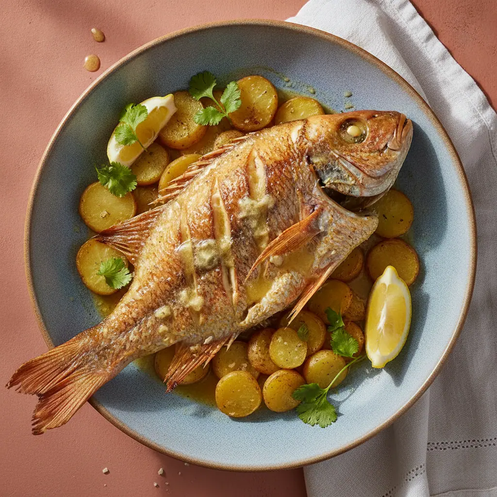 Mojarra roja al horno con mantequilla de ajo y limón