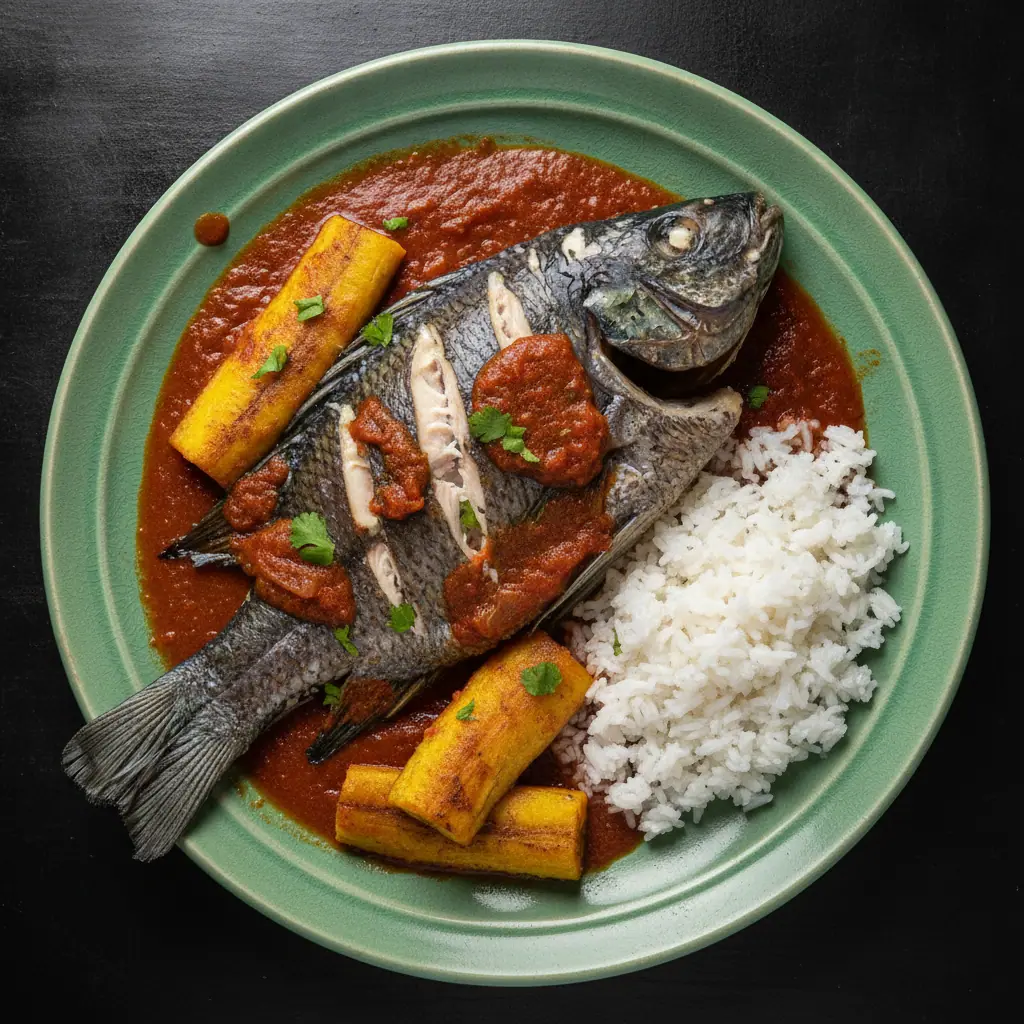 Mojarra negra sudada en hogao con plátano