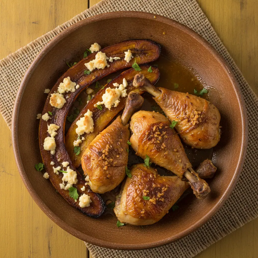 Muslos al horno con maduro y queso costeño