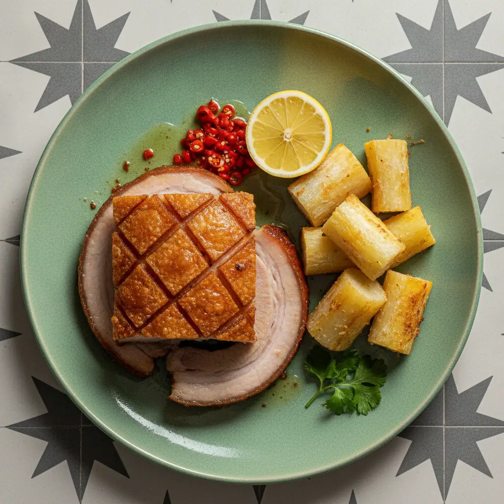 Papada de cerdo al horno con yuca dorada