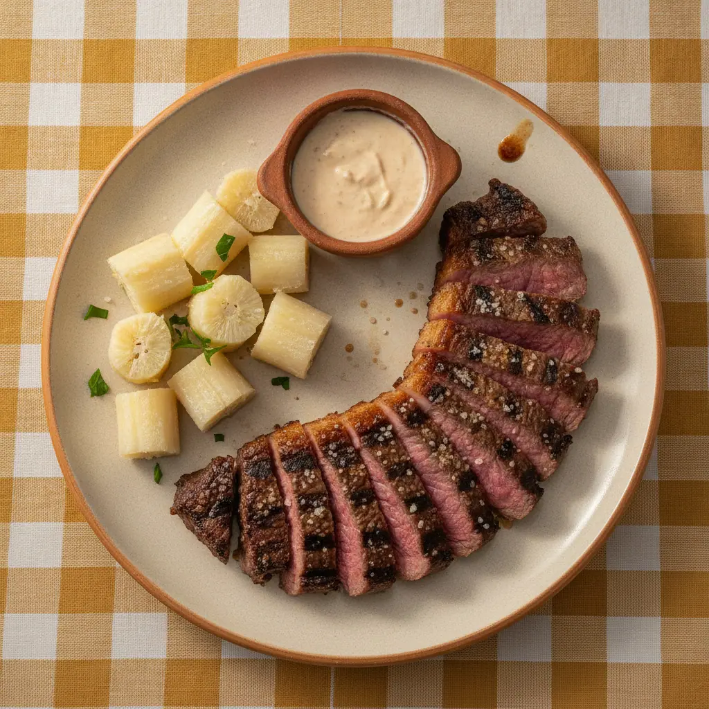 Picanha angus a la parrilla con yuca y suero costeño