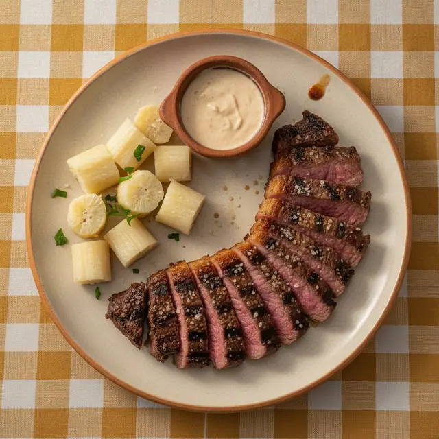 Picanha angus a la parrilla con yuca y suero costeño