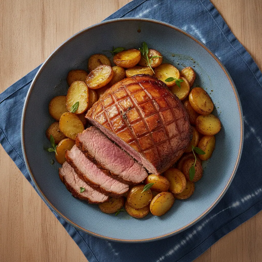 Picanha angus entera al horno sobre cama de papas
