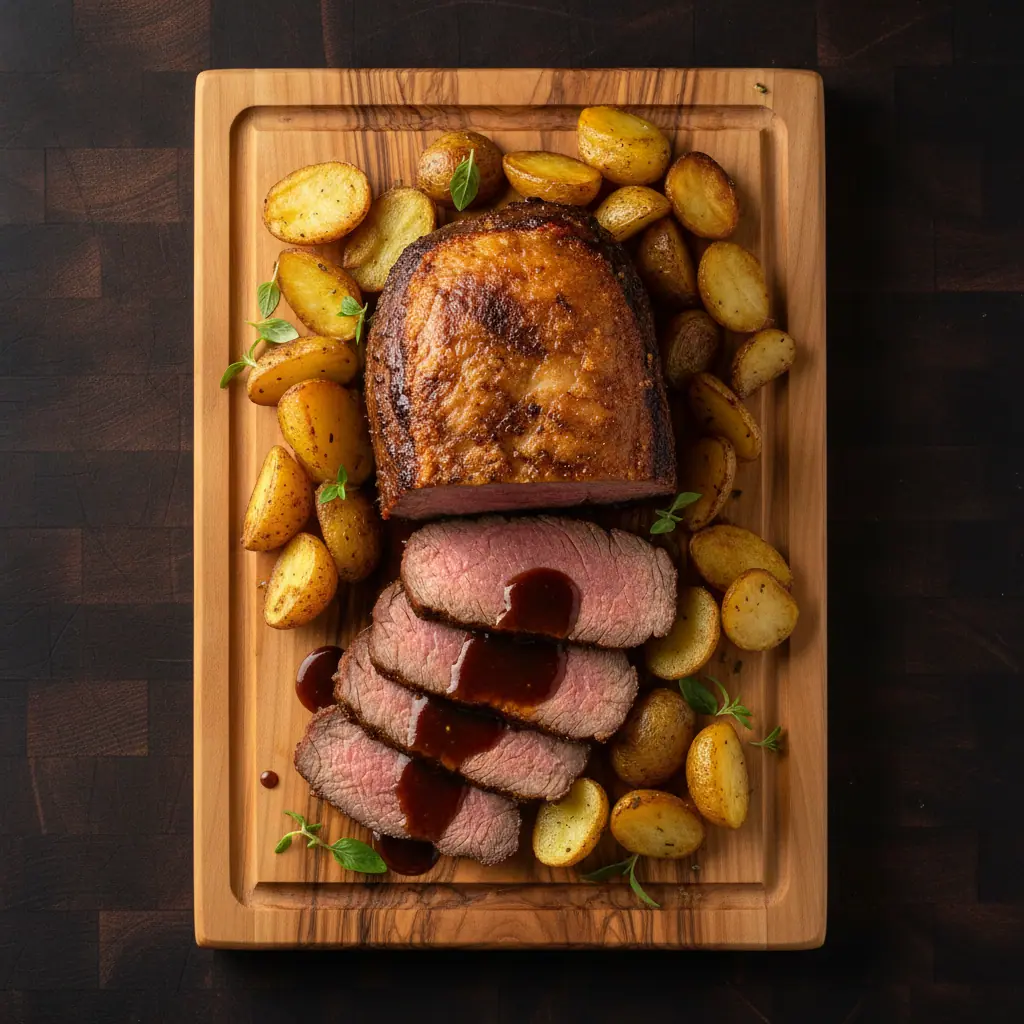 Punta gorda al horno, tajada con su jugo
