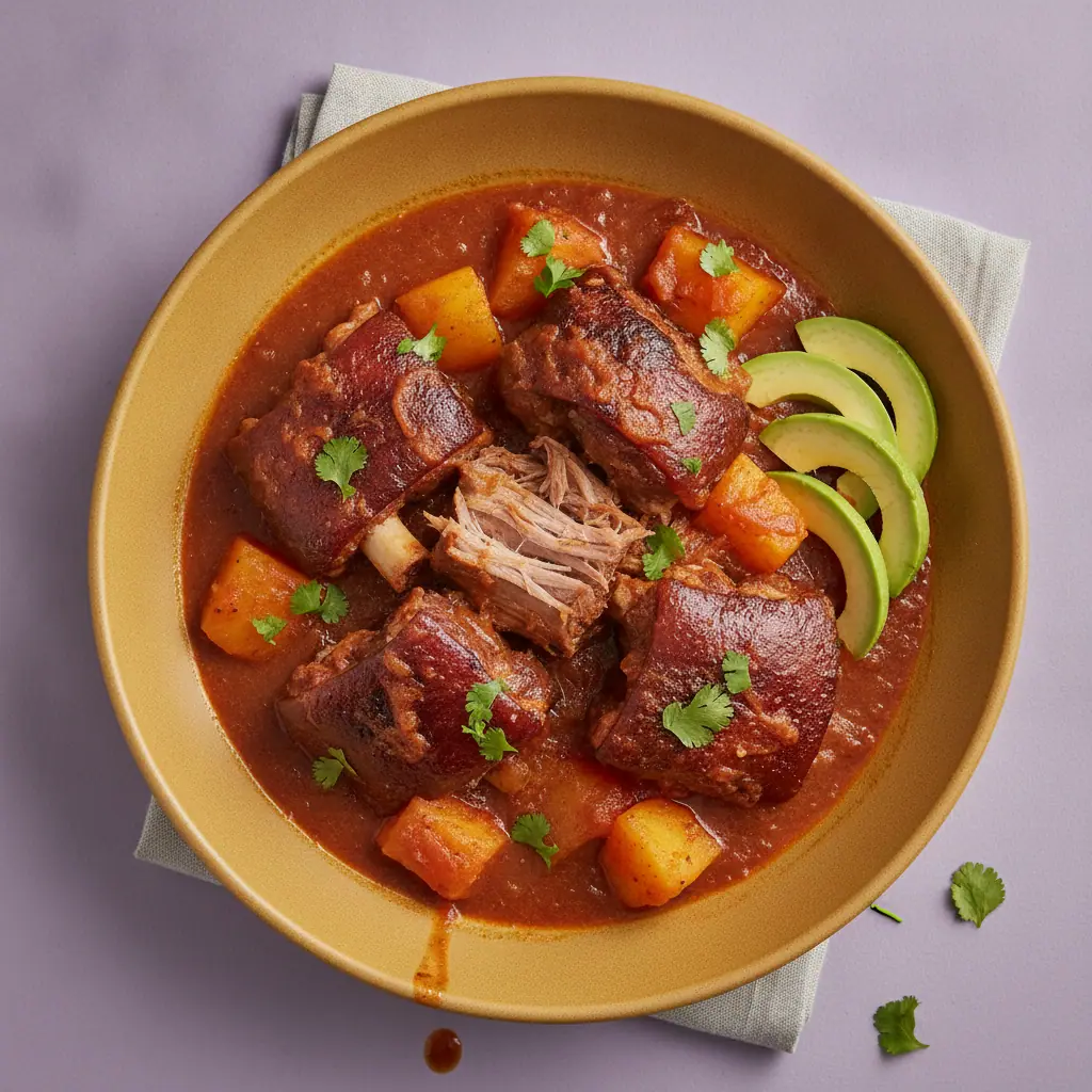 Rabito de cerdo guisado con papa y yuca