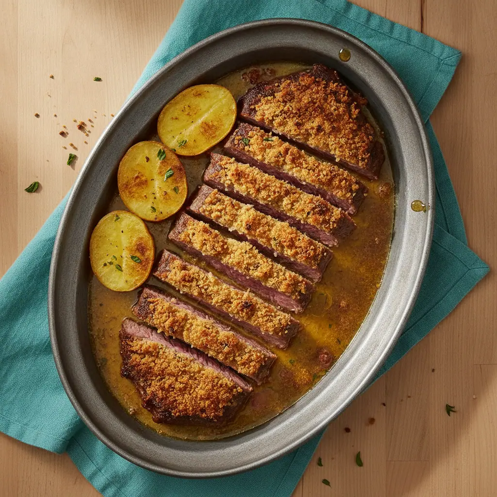 Sobrebarriga dorada al horno con costra de mostaza y queso costeño