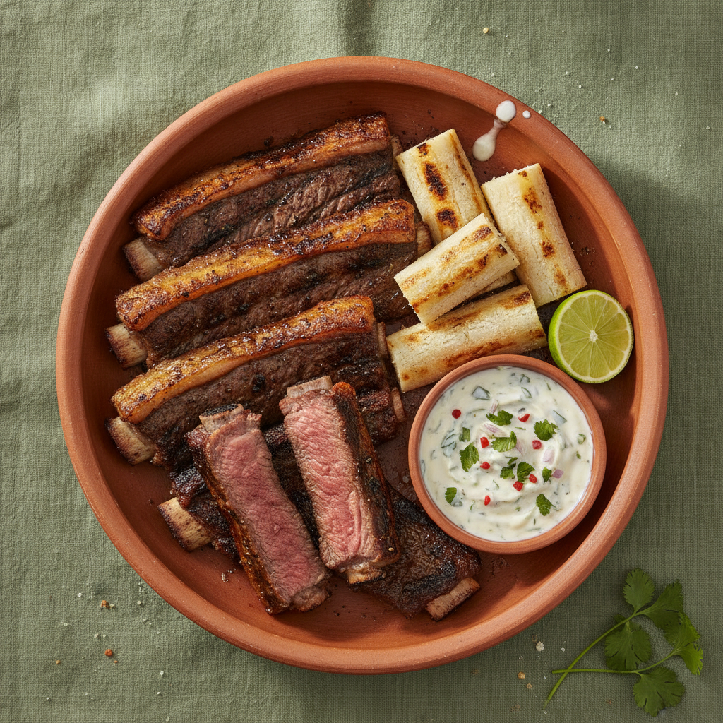 Atravesado a la parrilla con yuca y ají de suero
