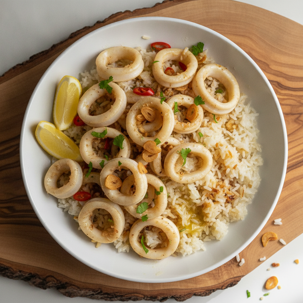 Calamares al ajillo con arroz con coco